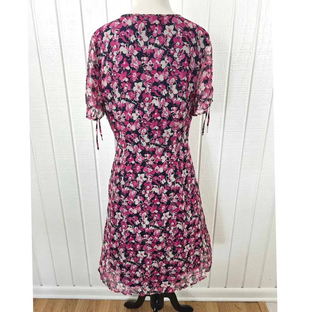 Jaclyn Smith Silk Floral Midi Dress 12 Pink Navy Sheer Sleeve 90s Y2K Romantic - Picture 7 of 8